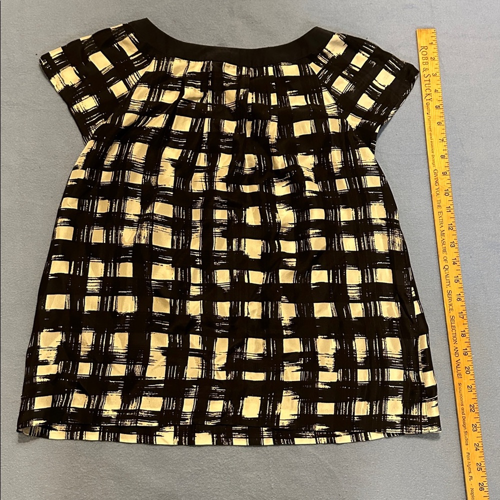 Theory Black and Cream Checkered Short Sleeve Top